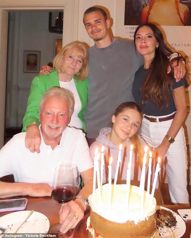 Victoria Beckham shared a sweet tribute to her father Anthony as she celebrated his birthday on Friday (pictured with her son Romeo, daughter Harper, Anthony and mother Jackie)