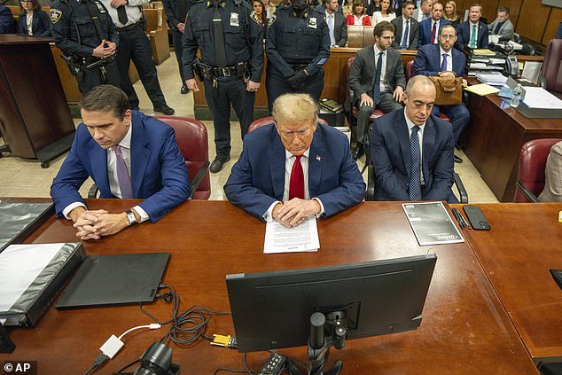 Donald Trump sat in court on May 16 between his lawyers Todd Blanche (left) and Emil Bove (right).  On Thursday, Blanche declined to rule out Trump testifying in his own defense