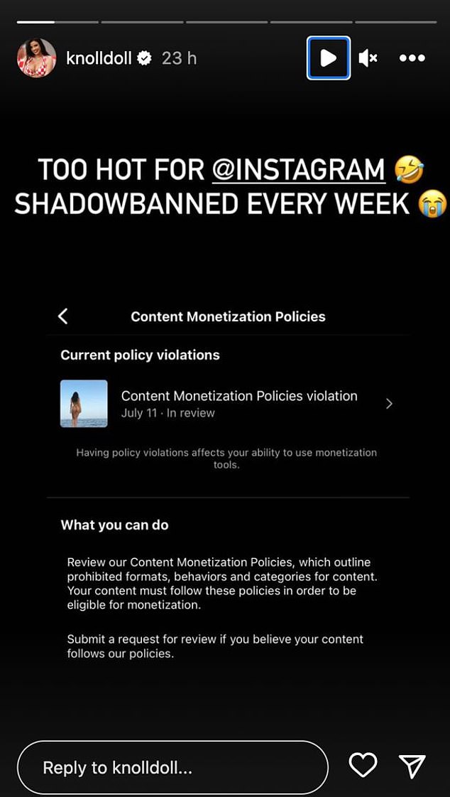 The Croatian model posted a screenshot of the message she received from Instagram, which claimed that her post cannot be monetized