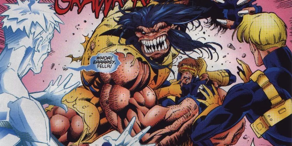 A fully beastly Wolverine, complete with a full mouth full of sharp teeth, snarls at the X-Men.  