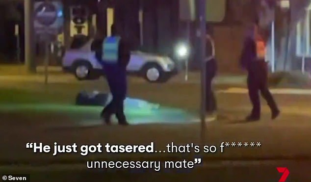 A witness who filmed the altercation, which took place after a group allegedly refused to leave a pub, is heard saying in the video: 'He's getting Tasered... that's so unnecessary' (pictured)