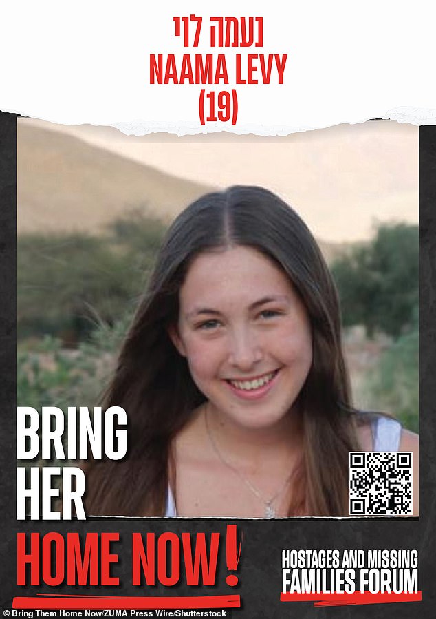 Naama Levy, pictured in this poster distributed by the campaign calling on the Israeli government and Hamas to bring the terror group's hostages home, was one of five young Israeli women featured in the video.