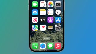 An iPhone on a teal background running iOS 18