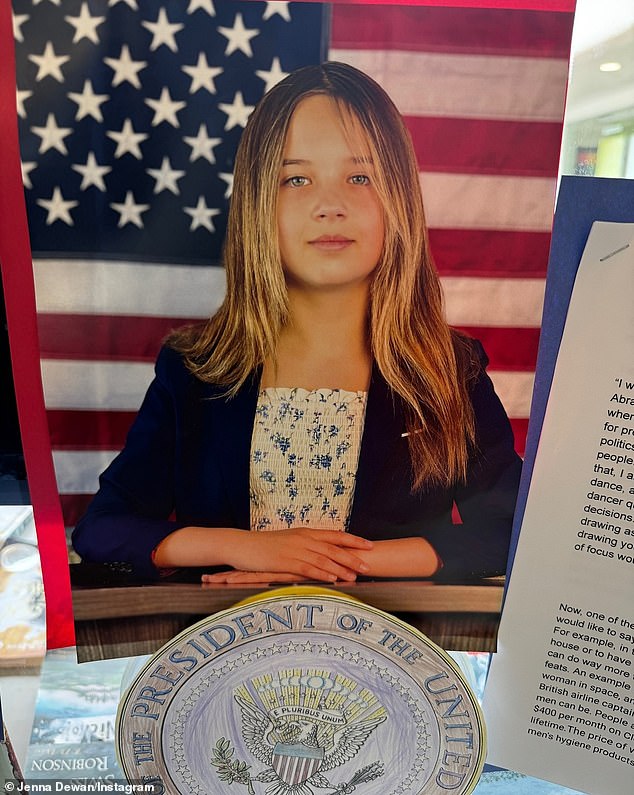 We also see her posing behind the American flag as the president, wearing a blazer and a floral ruffled top