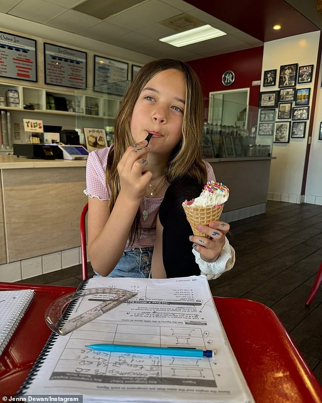 In one glance, we see the birthday girl doing her math homework while enjoying an ice cream in a desert shop