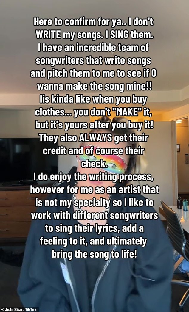 'I don't WRITE my songs.  I SING them.  I have a great team of songwriters who write songs and pitch them to me to see if [they] wanna make the song mine!!'  she explained in her post