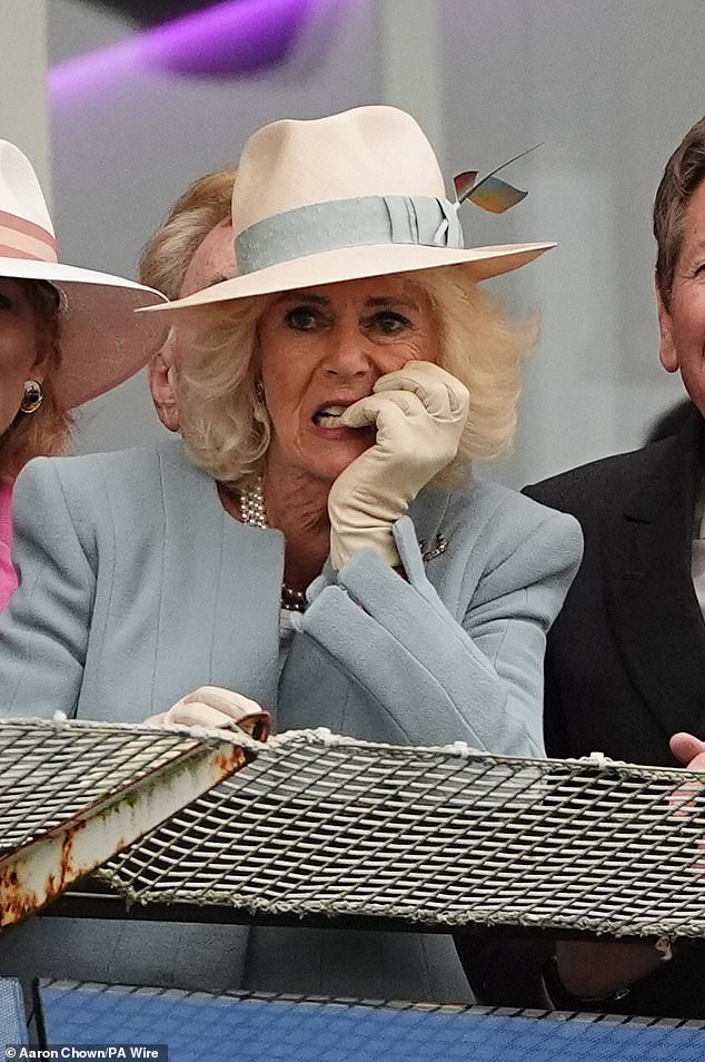 Queen Camilla looked tense as she watched the Treasure Race today