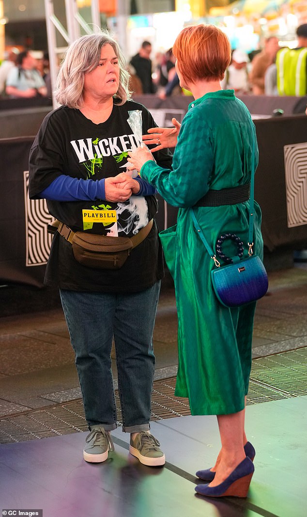 As her character Mary, O'Donnell wore the Wicked T-shirt over a bright blue long-sleeved top and cuffed jeans.