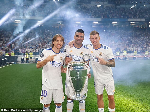 The 34-year-old (right) would form one of the biggest midfield trios alongside Casemiro (centre) and Luka Modric (left)