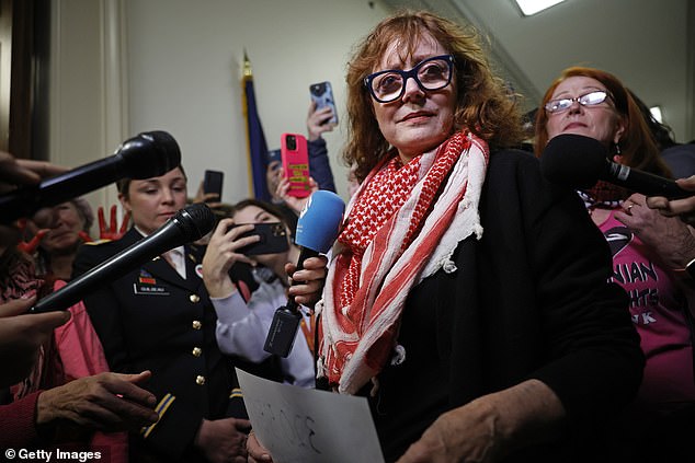 Sarandon, 77, was seen wearing a keffiyeh scarf as she joined a protest on Capitol Hill with Squad member Rashida Tlaib, demanding the US stop 'financing genocide' in February