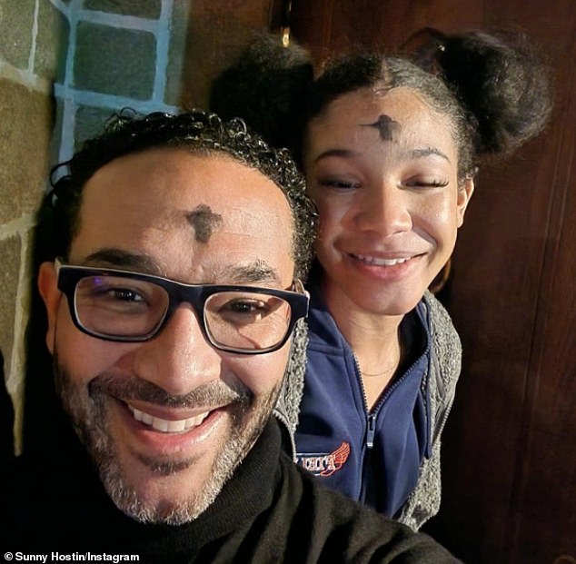 Sunny's husband Emmanuel Hostin pictured with their daughter Paloma in a post shared in February 2023