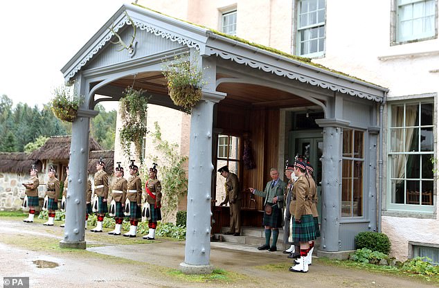 Charles, then the Prince of Wales, at a ceremony in Birkhall to present medals to soldiers of the 51st Highland, 7th Battalion, The Royal Regiment of Scotland, 2012