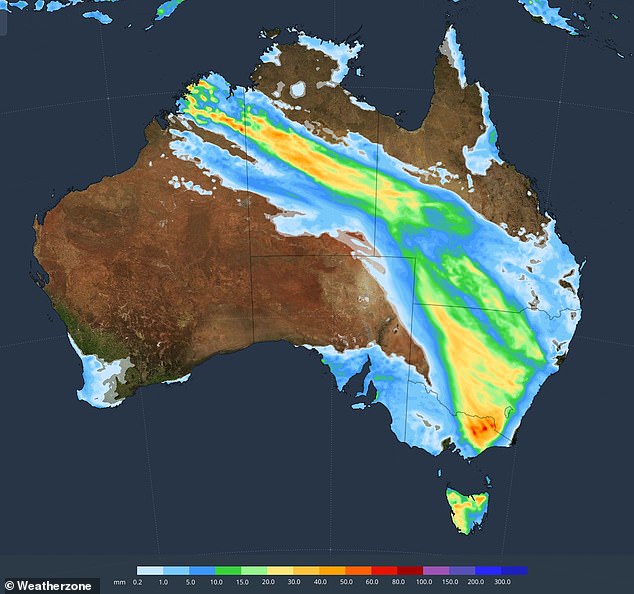 The Bureau of Meteorology predicts a 5,000km cloud band will continue its journey eastwards in the coming days and will have rained on 90 per cent of the country by Sunday.