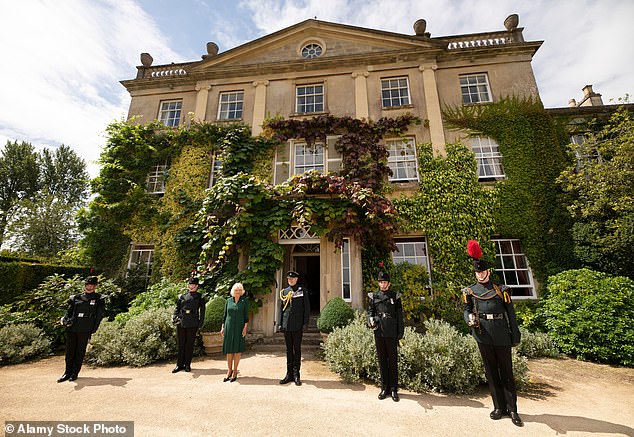 Camilla, then the Duchess of Cornwall, seen outside Highgrove with General Sir Patrick Sanders during a ceremony for the transfer of Colonel-in-Chief of the Rifles from Prince Philip to her, 2020