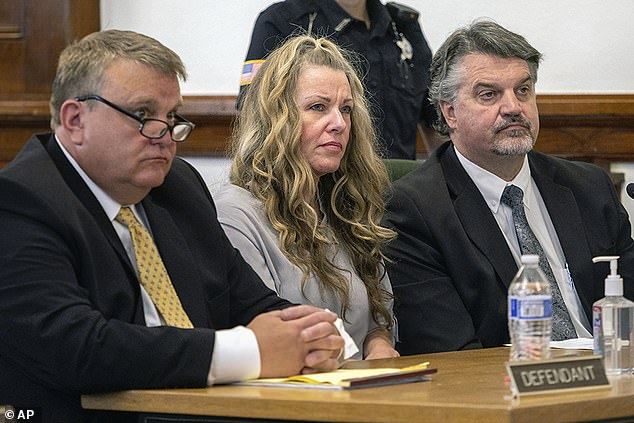 Lori Vallow Daybell, center, sits among her attorneys for a hearing at the Fremont County Courthouse in St. Anthony, Idaho, on August 16, 2022. She was sentenced last year to life in prison without parole