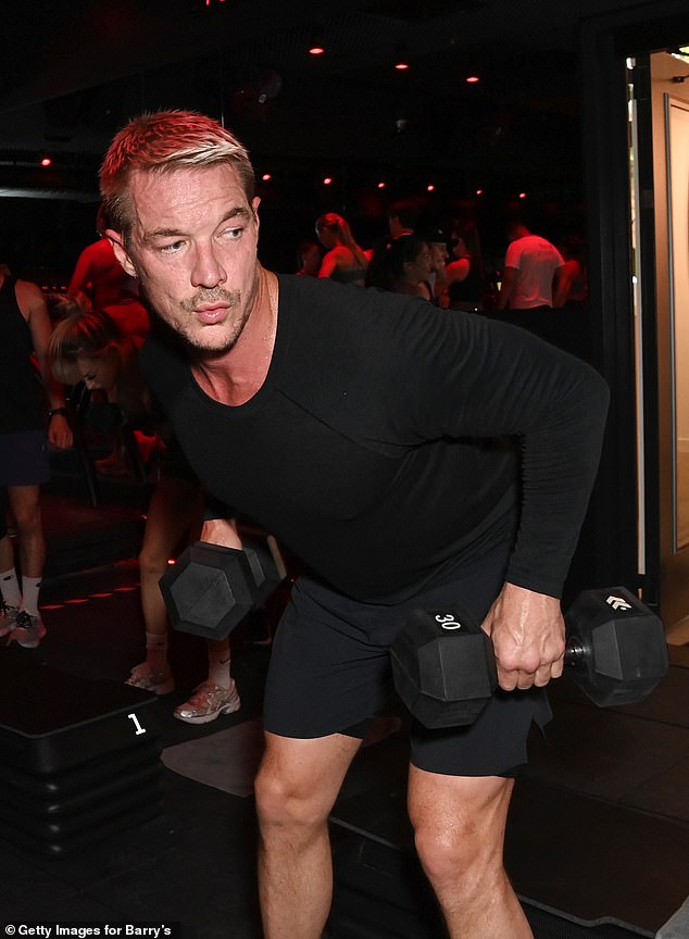 His weight routine includes dumbbell rows and using the weights for pullovers, crunches and squats, according to Men's Journal