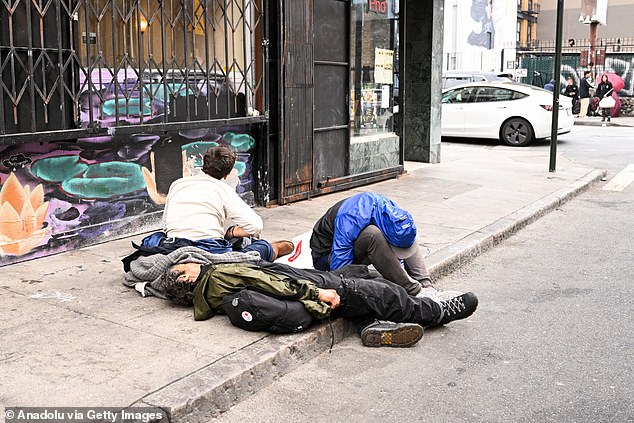 Homeless people are seen as the city struggles with widespread fentanyl addiction on May 16, 2024 in San Francisco, California, United States