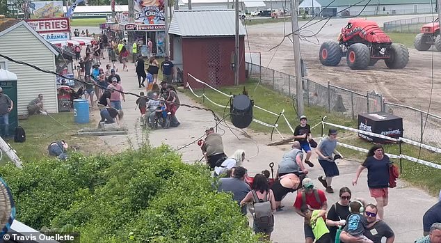 And in a terrifying moment, a father and his son appear to become entangled in the falling wire