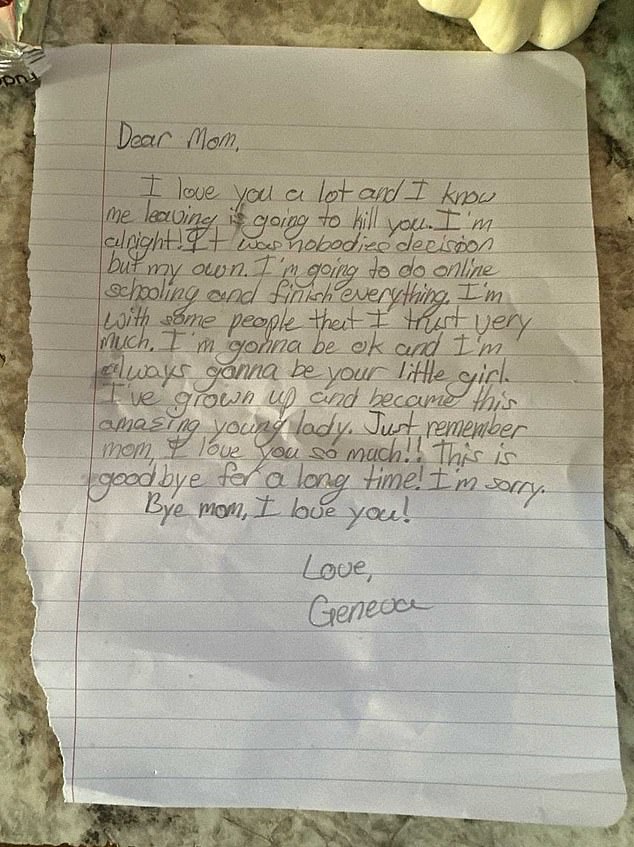 Her mother, Frances Schrader, discovered the note that morning and has not heard from Geneva since, and fears she has been kidnapped.