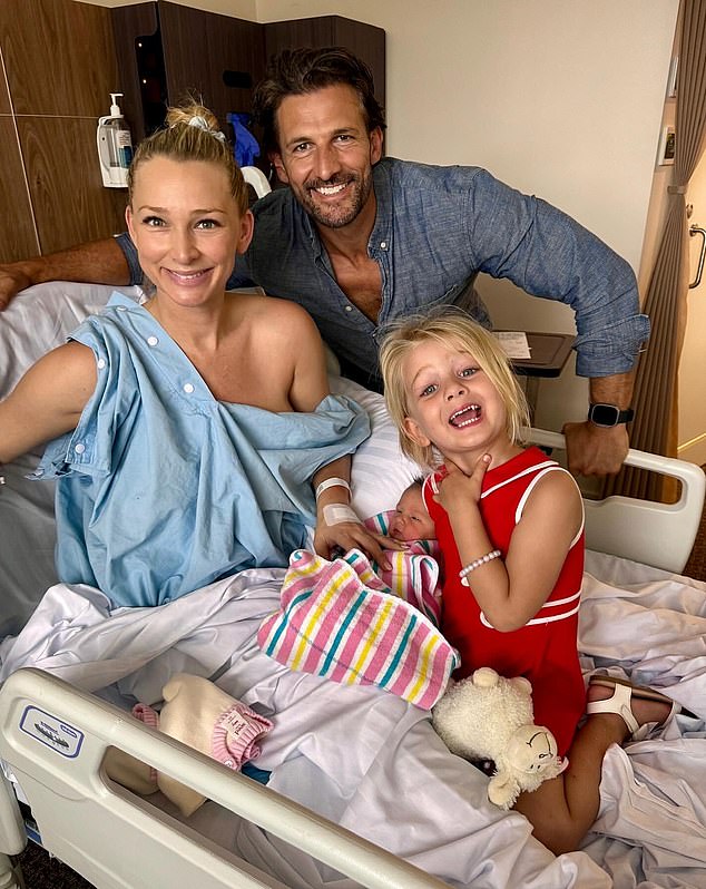 The sighting comes after Anna shared a precious photo of her newborn daughter Ruby.  Pictured with husband Tim Robards, 41, and eldest daughter Elle, two