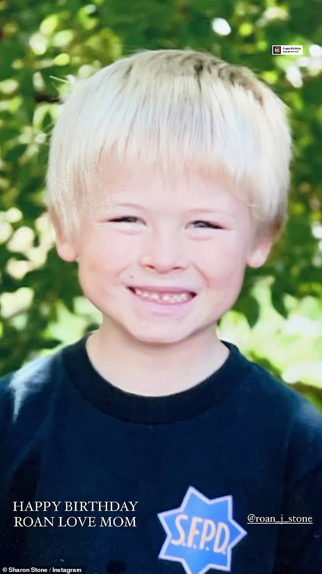 The first photo in Stone's slideshow showed Roan as a blonde-haired youth smiling while wearing a San Francisco police shirt