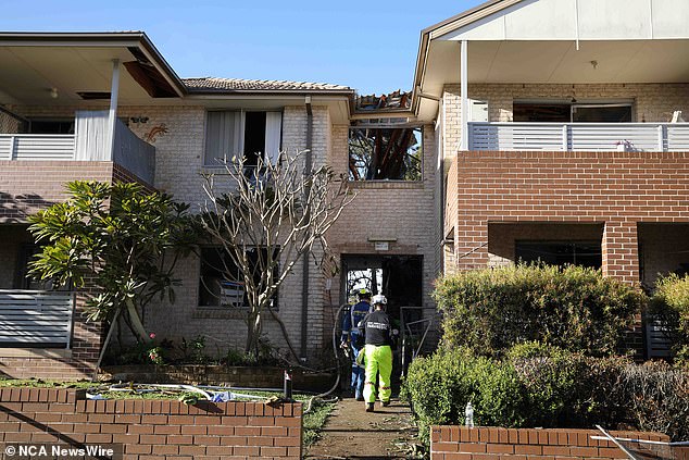 The front of the townhouse in Waikanda Crescent (pictured) is the only area not destroyed after the explosion just before 1pm on Saturday