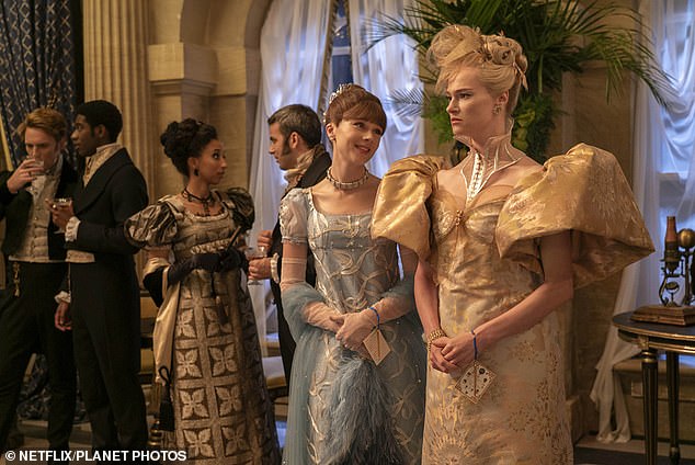 The actress, 32, is known for her role as the mean girl of the ton, Cressida Cowper, in the Netflix period drama (pictured with Claudia Jessie in the show)