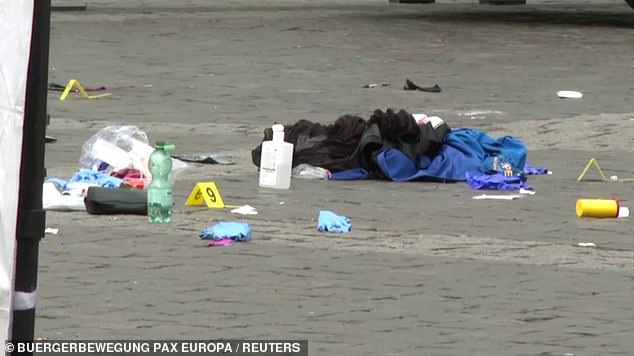 The aftermath of the stabbing can be seen in the German city of Mannheim