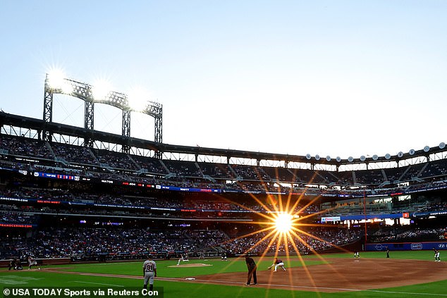 General view of Citi Field as the sun sets behind the stadium during the third inning between the New York Mets and the San Francisco Giants on May 24