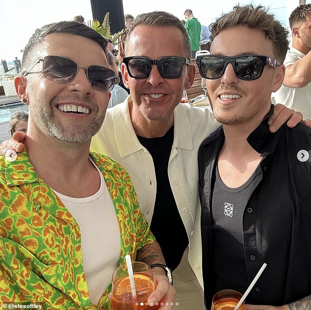 Scott (centre) held a pre-wedding party on Friday before the big day (pictured with friends Ste Softley and Ryan Steed)