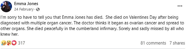 But Emma, ​​from Wigton in Cumbria, sadly passed away in February this year after a post on her Facebook page shared the heartbreaking news.