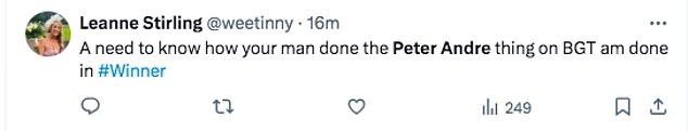 Viewers loved the act and shared their joy at seeing Peter and were also in disbelief at the trick, as one said: '#Trixy just won #bgt with that amazing trick'