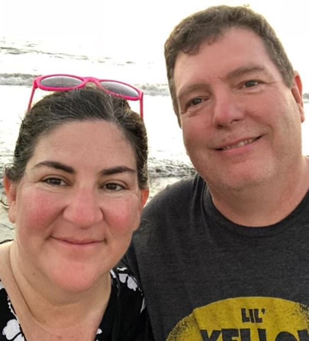 Hotchkiss, pictured with her husband James, gets most of her fluids and nutrition through an IV tube and another tube in her small intestine