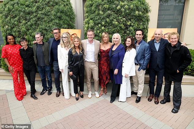 Karen Pittman, Tig Notaro, Billy Crudup, Jon Hamm, Charlotte Stoudt, Kristin Hahn, Mark Duplass, Jennifer Aniston, Mimi Leder, Lauren Neustadter, President, Film and Television, Hello Sunshine, Nestor Carbonell, Michael Ellenberg and Nelson Coates attend the Emmy at FYC event for Apple TV+'s The Morning Show at Paramount