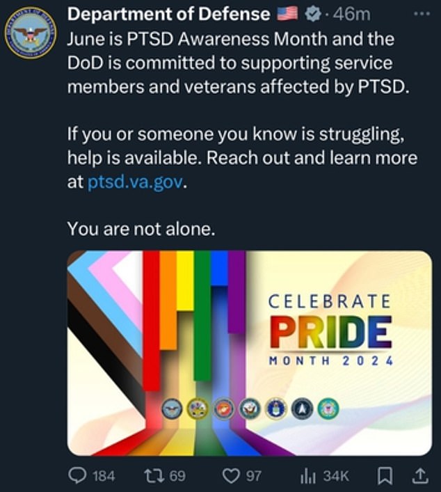 It came on the day the Department of Defense appeared to conflate Pride and PTSD Month