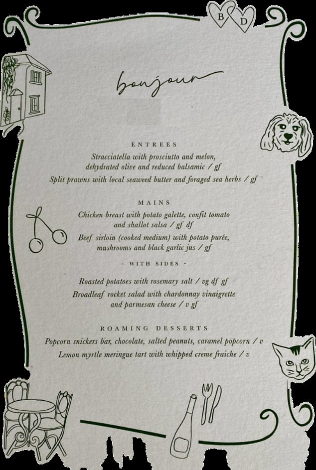 Pictured: The menu at Brittany Higgins and David Sharaz's wedding on the Gold Coast