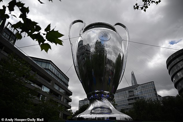 A huge figure of the iconic Champions League trophy welcomed fans as they arrived for the match at Wembley