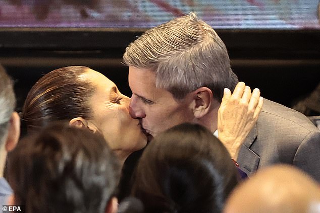 Mexican presidential candidate Claudia Sheinbaum kisses her husband Jesus Maria Tarriba (photo, right)