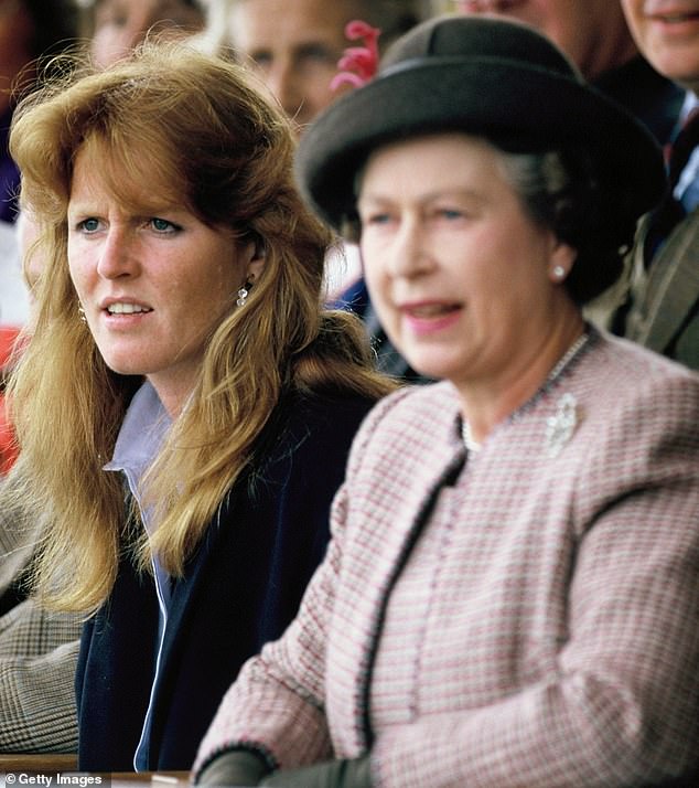 According to Sarah (pictured, left), the late Queen Elizabeth II (pictured, right) told her that being herself was 'enough' (pictured in England in 1990)