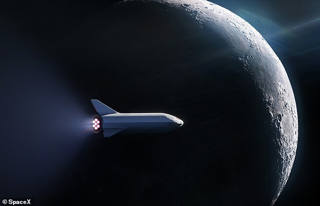 SpaceX's Starship rocket is pictured here on its journey around the moon.  When Starship is eventually completed, Elon Musk hopes it will transport people to the moon and Mars