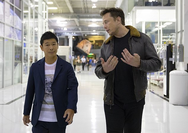 Yusaku Maezawa, who made his money from the fashion industry, launched plans for the moon trip in 2018 and bought all the seats on the spaceship.  He is pictured here with SpaceX CEO Elon Musk