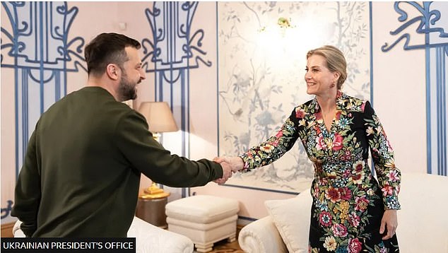 Sophie, 59, recently became the first member of the royal family to visit war-torn Ukraine.  Pictured with President Zelensky