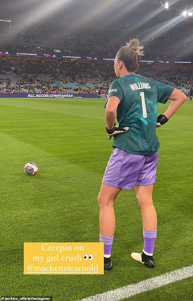 Jackie shared a video of Mackenzie warming up before the match with a few practice kicks as she donned her goalkeeper gloves and Matilda's uniform