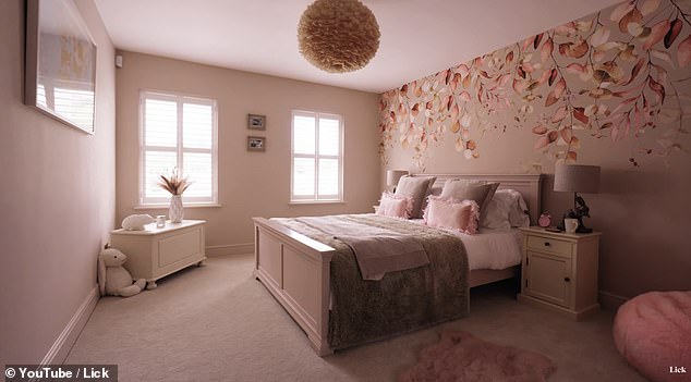 The bedroom of Laura's daughter Tahlia, finished in warm shades of pink and taupe, stood out because of the pink wallpaper with orange shaded plants