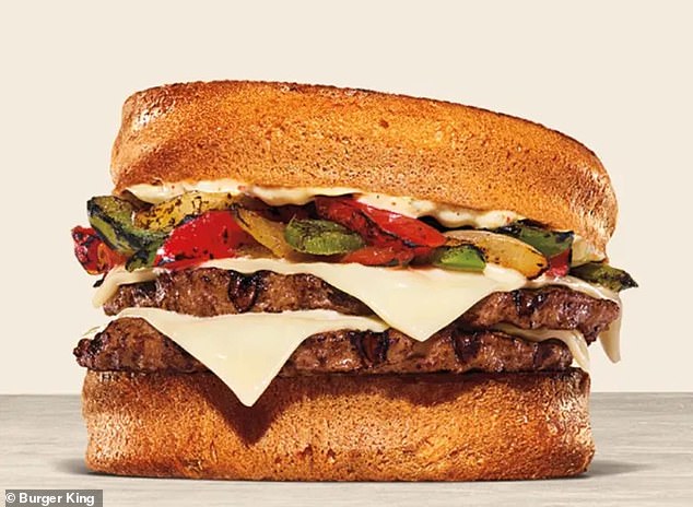 The Philly Melt consists of two slices of Swiss cheese, peppers, onions and sauce with two Whopper Jr patties with toasted bread