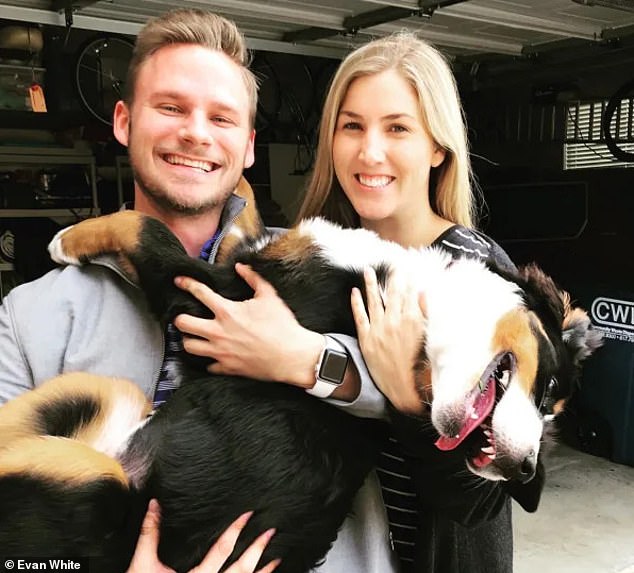 Evan White is pictured above with his fiancée Katie Briggs and their dog Lola.  The pair had started dating when Evan had cancer and became engaged when his condition stabilized.  However, he died after battling the disease for four years