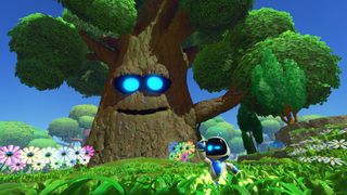 Astro stands in a grassy meadow, under a giant tree with Astro eyes and a smiling face