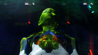 A cybernetic humanoid made of green, blue and orange data cells