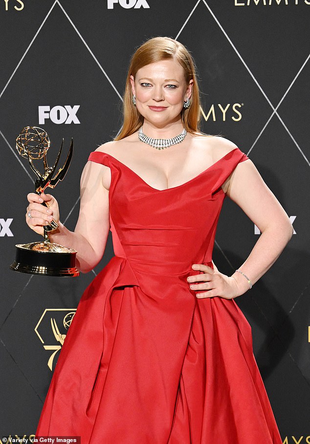 Sarah will appear as a young mother searching for her missing son in the upcoming series to be produced by US streaming service Peacock.  Pictured: Sarah accepts her Emmy for Best Actress for her role as Shiv Roy in Succession