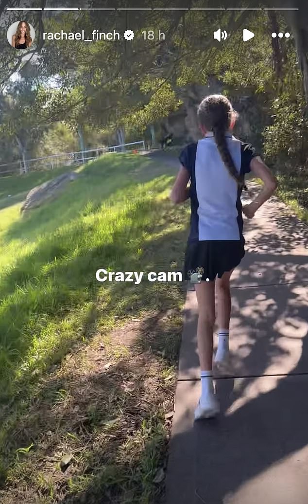 The Miss Universe Australia winner turned fitness influencer recently raised eyebrows when she uploaded a video of herself jogging behind daughter Violet, eight, (pictured) as she competed against her peers